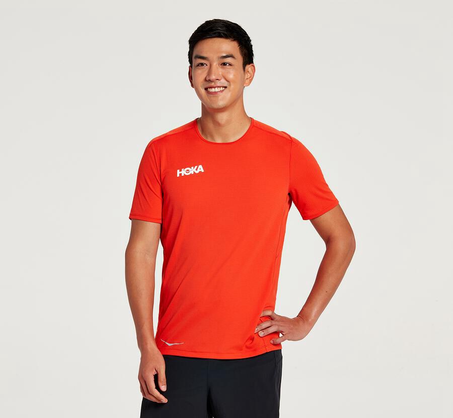 Hoka Australia One One Performance Short Sleeve - Mens Tops Red - ZUDKV-3970